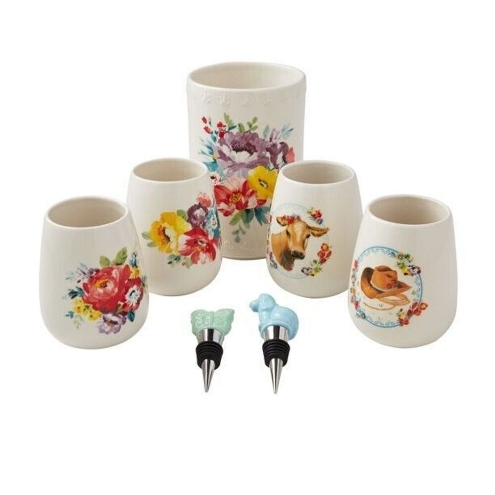 Pioneer Woman Sweet Rose Stoneware Wine Set Chiller 4 Cups 2 Stoppers 7-Pc Gift